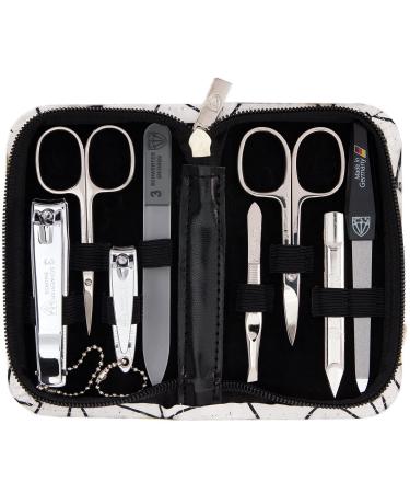 Three swords - 8 pcs.Manicure set 'Roma' |High quality nail care set in synthetic leather case white-black |Contents: nail scissors set foot & nail clipper tweezers glass nail files sapphire nail file white-black / synthetic leather