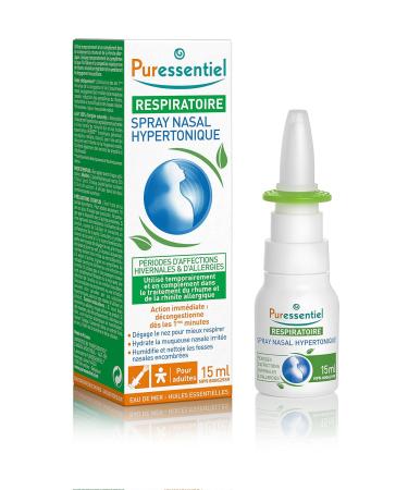 PURESSENTIEL - Respiratory Hypertonic Nasal Spray with 4 essential oils - Decongests the nose for easier breathing - Used to treat winter ailments and allergies - 100% from natural sources - 15ml - Buy Online on SooperMarket.com