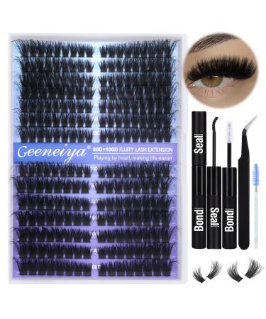 Pre-made Cat Eye Lash Extension Kit Fluffy Lash Clusters Kit 9-16mm Wispy Cluster Eyelash Extension Kit 80D+100D Individual Eyelashes with Waterproof Lash Bond and Seal Lash Tweezers by Geeneiya KIT-80D+100D(Cat Eye)