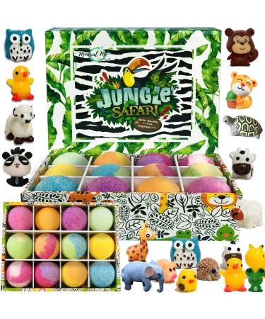 Bath Bombs for Kids with Toys Inside - Set of 12 Organic Bubble Bath Fizzies with Jungle Animal Toys. Gentle and Kids Safe Spa Bath Fizz Balls Kit. Birthday Gifts for Boys, Girls 12 Count (Pack of 1)