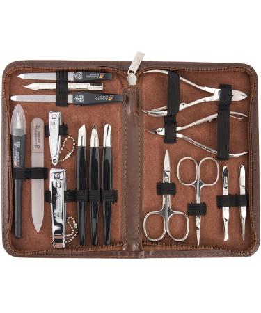 Three swords - 16 pcs.Manicure pedicure set 'Cinisello' |High-quality nail case made of synthetic leather for hand and foot care.Color: brown |Contents: nail scissors nail clippers tweezers & much more!