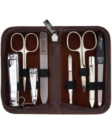 Three swords - 8 pcs.Manicure set 'Roma' |High quality nail care set in brown synthetic leather case |Contents: nail scissors set foot and nail clippers tweezers glass nail files sapphire nail file brown / synthetic leather
