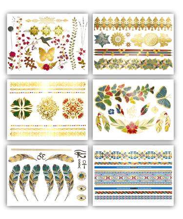 Terra Tattoos Gold Metallic Temporary Tats 75+ Hawaiian Henna Designs Butterflies  Mermaid  Tropical - Waterproof Nontoxic Long Lasting Perfect for Beach  Festivals  & more!