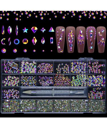 Nail Rhinestones Gems Jewels Kit 3830pcs 3D Crystal Diamond Nail Stones Mixed Shapes and Round Flat Rhinestones Packed with Nail Jewels Wax Pen & Box Idea Gift for Acrylic Nail Art Diy Crafts