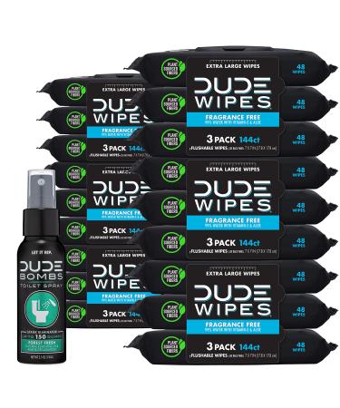 DUDE Wipes Flushable Adult Wipes with DUDE Bombs Toilet Spray - 18 Pack, 864 Wipes + 1 Spray Bottle - Unscented Wet Wipes with Vitamin-E & Aloe - Forest Fresh Stank Eliminator Fragrance Free