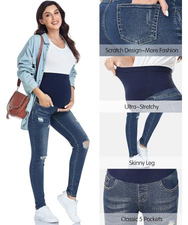 PACBREEZE Maternity Jeans Over Belly Slim High Waist Denim Pants, Ripped Indigo Blue XXL - Buy Online on SooperMarket.com