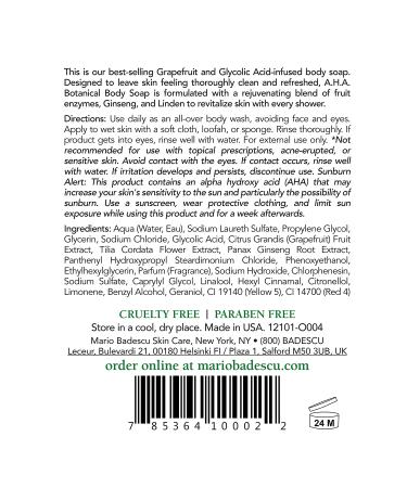 Mario Badescu A.H.A Botanical Body Soap | Grapefruit & Ginseng Extracts | Rejuvenating Body Wash 16 Fl Oz - Buy Online on SooperMarket.com