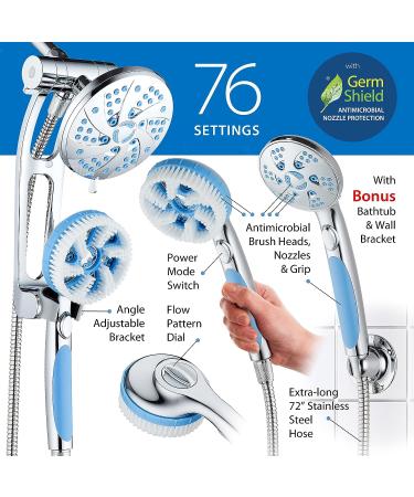 High Pressure 6-in-1 Aquassage by AquaCare - 76-mode 3-way Combo  Showerhead  Hand Shower  Body Brush  Hair Brush & Arm in One! Two Brackets  Extra-long 6 foot Stainless Steel Hose  Brush Head Holder All-chrome - Buy Online on SooperMarket.com
