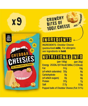 CHEESIES Cheddar Crunchy Cheese Keto Snack 100% Cheese Sugar Free Gluten Free No Carb High Protein Vegetarian | 2.1oz (Pack of 9) - Buy Online on SooperMarket.com