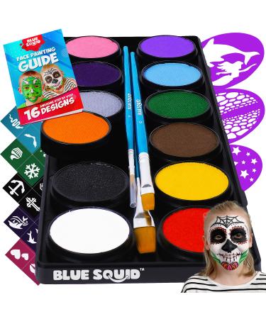Blue Squid Face Paint Kit for Kids  12 Color Palette, 30+3 Stencils, Washable Paints, Brushes Guide, Safe Facepainting for Sensitive Skin, Professional Quality Body & Face Facepaints Halloween Makeup 12 Classic Color - 1 pack