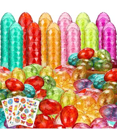 Large Diamond Easter Eggs with Easter Stickers 3 Inch Fillable Plastic Pastel Easter Eggs Translucent Colorful Easter Eggs Bulk for Filling Treats Basket Stuffer Filler Easter Hunt Party (48 Pcs)