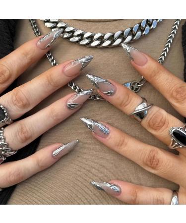MERVF Medium Press on Nails Almond Fake Nails Press ons 3D Sliver French Tip Glue on Nails Goth Stiletto Acrylic Nails with Chrome Design 24pcs Glossy 9914Sliver