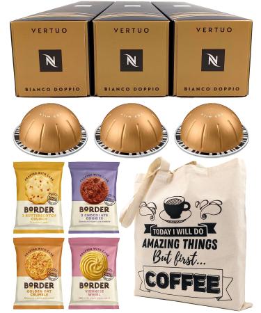 Nespresso Vertuo Bianco Doppio Coffee Capsules - 3 Boxes (30 Pods) Bundled with Border Biscuits Selection & Giftable Tote Bag
