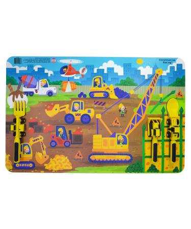 Constructive Eating Made in USA Construction Combo with Utensils Set and Matching Placemat for Toddlers  Infants  Babies and Kids -Made with Materials Tested for Safety