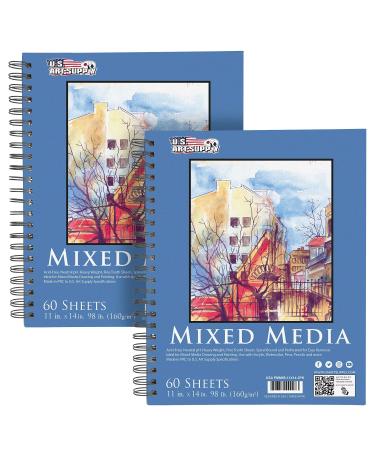 U.S. Art Supply 11" x 14" Mixed Media Paper Pad Sketchbook, 2 Pack, 60 Sheets, 98 lb (160 gsm) - Spiral-Bound, Perforated, Acid-Free - Artist Sketching, Drawing, Painting Watercolor, Acrylic, Wet, Dry 11-x-14-inch