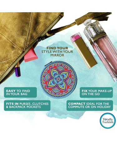 Turkish Metal Compact Mirror - Small Round Mirror with Magnetic Close, 1x & 2x Magnification for Handbags - Bright & Funky Geometric Pattern - Ideal for Travel and Commutes - Buy Online on SooperMarket.com