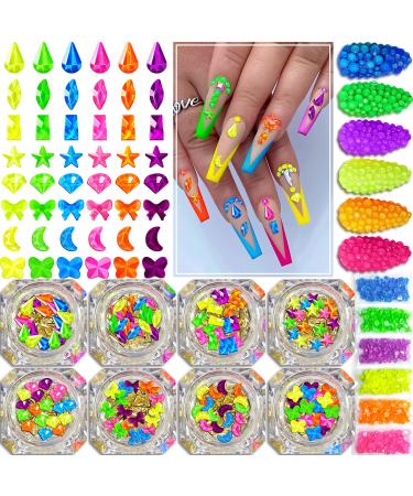 Rhinestones for Nails  8 Pots & 6 Bags Mix NEON 3D Nail Gem  Over 2500 Pcs Luminous Party/Theme Charms Flatback Stone Iridescent Decoration  DIY Nails Art Accessories with Bonus Tweezers Picking Pen