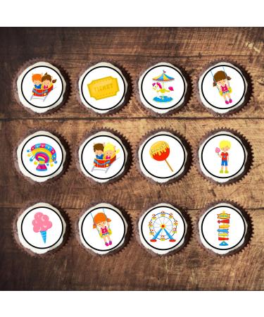 PRECUT Fun Fair Cupcake Toppers Theme Park Edible Cake Topper Edible Carnival Cake Decorations Fairground Decorations Circus Cake Decoration Rollercoaster Cake Toppers (12)