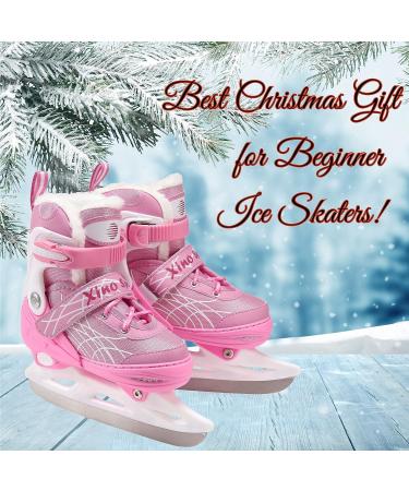 Xino Sports Deluxe Adjustable Ice Skates - Black/Pink, Faux Fur Padding, Reinforced Ankle Support - Pink Small Junior 13-3 - Buy Online on SooperMarket.com