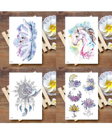 Oottati Fairy Tales Animal Temporary Tattoo Kit - Pink Unicorn Swan Deer Elf Wolf Owl Eagle Elephant Sun Flower Arm - 12 Sheets - Buy Online on SooperMarket.com