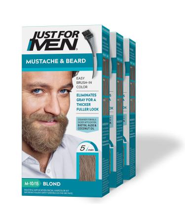 Just For Men Mustache & Beard Beard Dye for Men with Brush Included for Easy Application With Biotin Aloe and Coconut Oil for Healthy Facial Hair - Blond M-10/15 Pack of 3 Pack of 3 Blond M-10/15