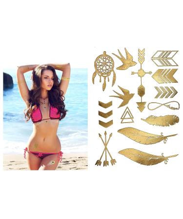 Gold Metallic Temporary Tattoos - 75+ Geometric Henna Designs Moon Stars Arrows Feathers - Waterproof, Non-toxic, Long Lasting - Ideal for Beach, Festivals & More! - Buy Online on SooperMarket.com