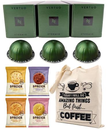 Nespresso Vertuo Stormio Coffee Capsules - 3 Boxes (30 Pods) Bundled with Border Biscuits Selection & Giftable Tote Bag