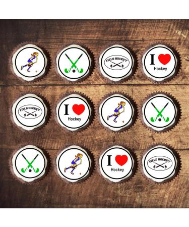 PRECUT Hockey Cupcake Toppers Field Hockey Theme Edible Mini Cake Decorations - Edible Hockey Party Decorations Hockey Cake Topper Field Hockey Edible Cupcake Toppers (48)