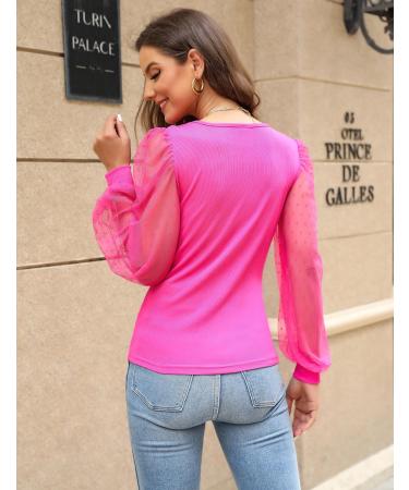 Fayenne Womens Tops Deep V Neck Cross Wrap Sexy Tops Polka Dot Mesh Long Sleeve T Shirt Casual Blouses M Hot Pink - Buy Online on SooperMarket.com