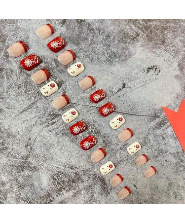 Christmas Short Square French Tip Press On Nails - Red Elk Snowflake Design - Winter Xmas Nail Art for Women - Style 2 - Buy Online on SooperMarket.com