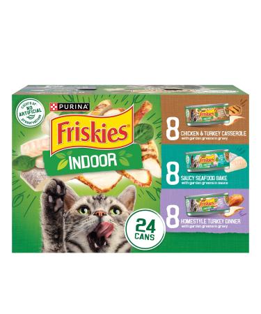 Purina Friskies Indoor Cat Food 24ct VP - (Chicken and Turkey Casserole Saucy Seafood Bake Homestyle Turkey Dinner) - (Pack of 24) 5.5 oz. Cans