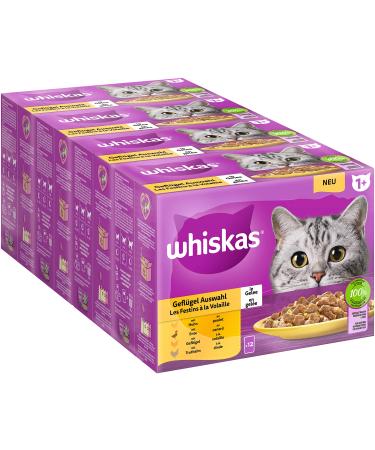 Whiskas 1 + cat food poultry selection in jelly 12x85g (4 packs) - high -quality wet food for adult cats in 48 portion bags Poultry selection (jelly)