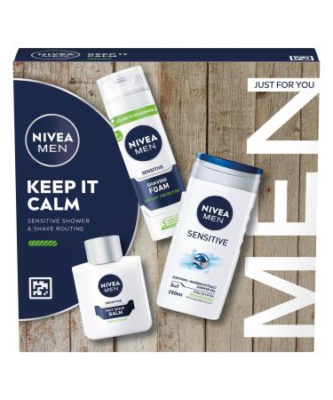 NIVEA MEN Keep It Calm Gift Set (3 Products) Men's Skincare Gift Set for Sensitive Skin with Shower Gel Shaving Foam and Post Shave Balm