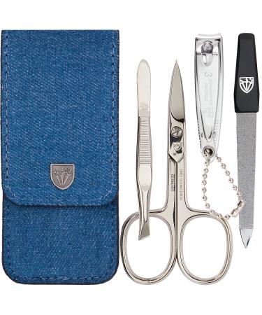 Three swords - 4 pcs.Nail care set 'Capri' |High quality nailetui for manicure and pedicure.Color: textile fabric jeans look |Contents: nail scissors nail clips tweezers sapphire nail file blue / textile jeans