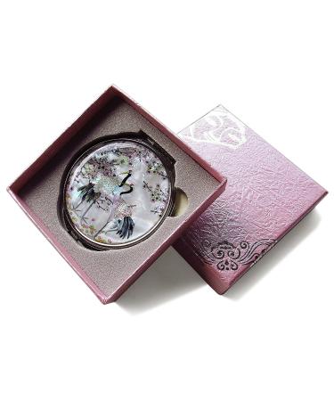 Mother of Pearl Compact Mirror - Double Sided Folding Magnify, Crane Apricot Tree Design - Buy Online on SooperMarket.com