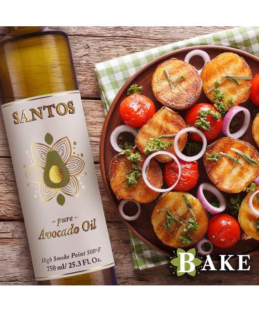SANTOS Avocado Oil - 100% Pure Non-GMO Oil for High Heat Cooking, Grilling & Baking - 0g Trans Fat, Cholesterol Free - Paleo & Keto Friendly - 750ml - Buy Online on SooperMarket.com