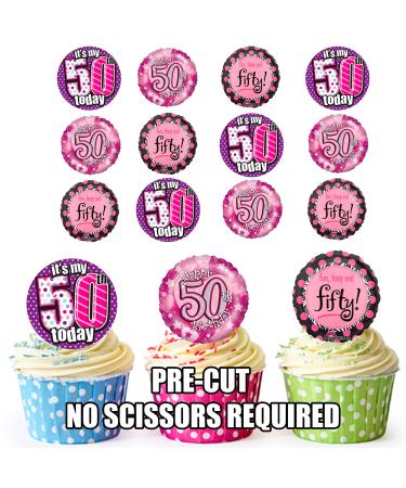 Fun Ladies Pink 50th Birthday Mix 12 Cup Cake Toppers Edible Stand Up Decorations