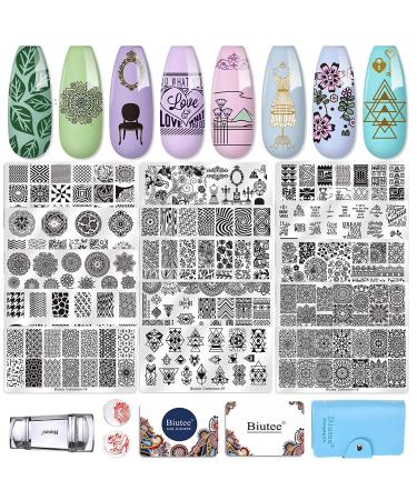 Biutee 15 pcs Nail Stamping Plates Set with 1 Stamper 2 Scraper 1 Storage Bag for Manicure Art Vintage Ethnic Leaves Flowers Animal Image Stamp Kit