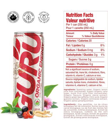 Guru Organic Energy Drink - Lite - Revitalize Your Day with GURU Plant Based Lite Energy Drink - Recharge and Stay Focused - Healthy Ingredients - Low Calories - Natural Caffeine - 250 ml (Pack of 24) - Buy Online on SooperMarket.com