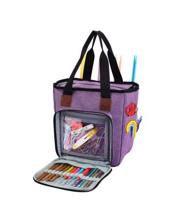 KOKNIT Yarn Storage Containers, Durable Portable Travel Craft Tote Bag with Inner Divider for Yarn and Unfinished Project, Outside Pockets for Knitting Tools, Wonderful Yarn Bag for Beginners purple