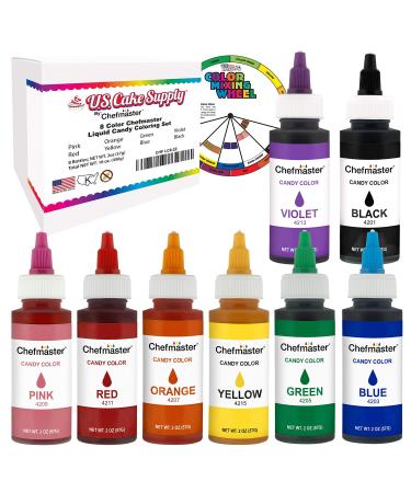 U.S. Cake Supply Large 2-ounce Bottles of each Liquid Candy Food Color 8 Bottle Kit with Mixing Wheel for Chocolate and Candy Coloring