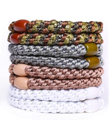 AXEN 8PCS Elastic Hair Tie for Women Girls Cotton Bands Soft Woven Ponytail Holders for Thick Hair and Curly Hair Brown Series