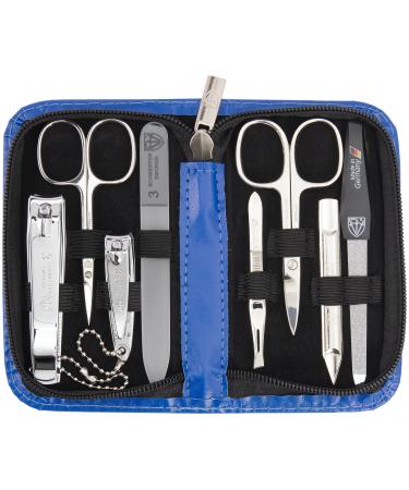 Three swords - 8 pcs.Manicure set 'Roma' |High quality nail care set in blue synthetic leather case |Contents: nail scissors set foot and nail clippers tweezers glass nail files sapphire nail file blue / synthetic leather