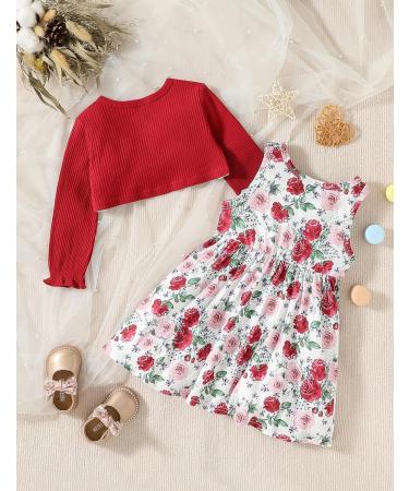 Puseky Toddler Girl Floral Print Sleeveless Dress and Ribbed Cardigan Coat Set - Wine Red (4-5 Years) - Buy Online on SooperMarket.com