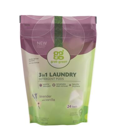 Grab Green 3-in-1 Laundry Detergent Pods, 24 Count, Lavender Vanilla Scent, Plant and Mineral Based, Superior Cleaning Power, Stain Remover, Brightens Clothes Lavender Vanilla 24 Count (Pack of 1)