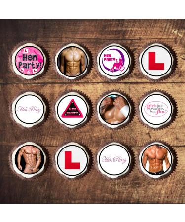 PRECUT Hen Party Mini Cupcake Toppers Edible Ladies Night Cake Decorations Edible Bachelorette Cake Decorations Hen Night Cupcake Decoration Naughty Butler Cake Topper (24)