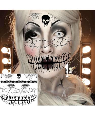 Scary Halloween Face Temporary Tattoos - 4 Sheets for Women, Men, Kids, and Adults | 3D Witch, Zombie Makeup Kit | Dia de los Muertos Face Tattoos with Spider Web, Bat, and Scar Designs - Buy Online on SooperMarket.com