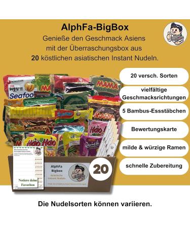 Alphfa Bigbox: 20 Asian Instant Pasta & Ramen Soups - Perfect Gift Box with Chicken Beef & Shrimp Varieties - Buy Online on SooperMarket.com