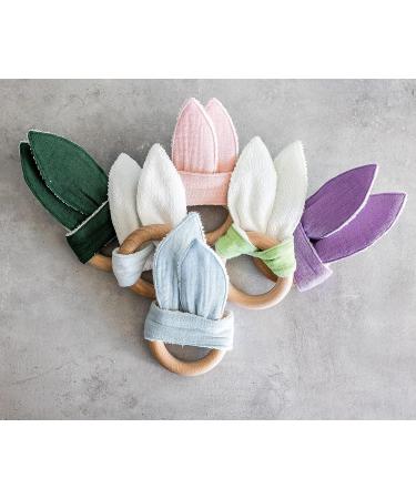 Organic Muslin Bunny Ears Baby Teether with Crinkle Paper and Wooden Teething Ring - Mint Green | Gender Neutral Newborn Teething Toy - Buy Online on SooperMarket.com