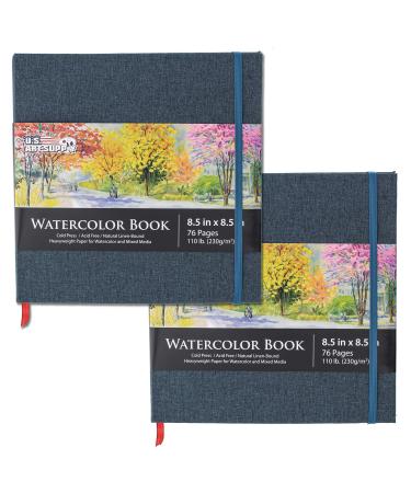 U.S. Art Supply 8.5" x 8.5" Watercolor Book, 2 Pack, 76 Sheets, 110 lb (230 GSM) - Linen-Bound Hardcover Artists Paper Pads - Acid-Free, Cold-Pressed, Brush Painting & Drawing Sketchbook Mixed Media 8.5-x-8.5-inch